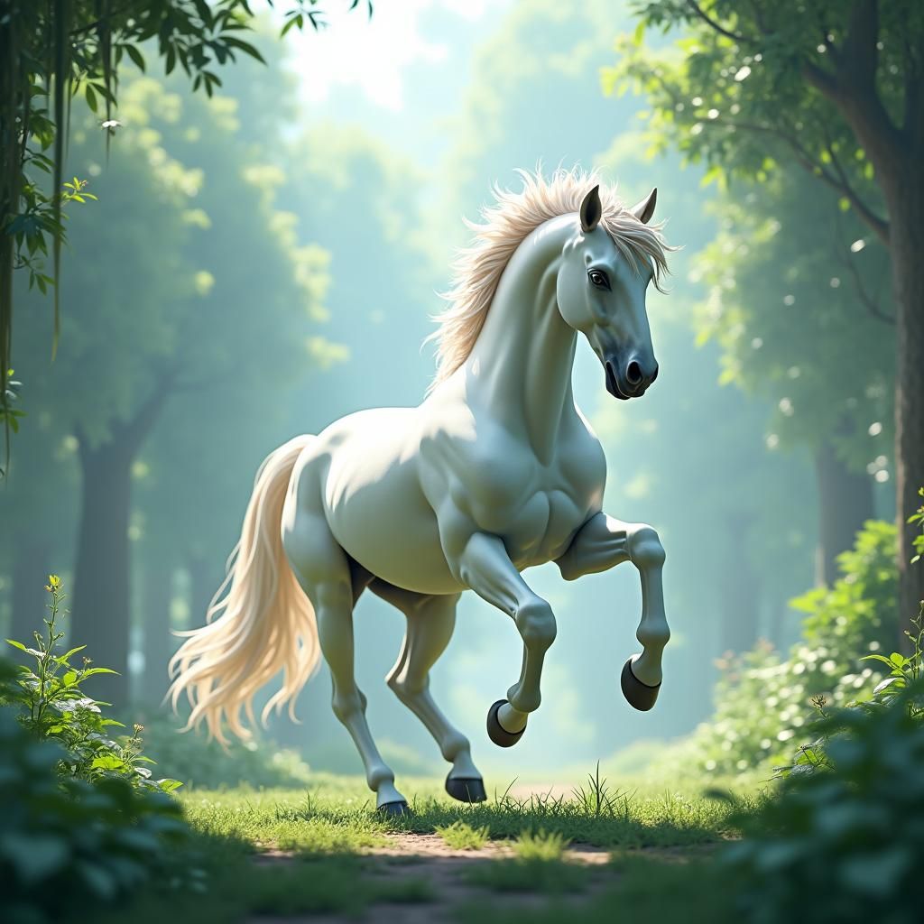 White Horse Galloping Through Lush Jungle