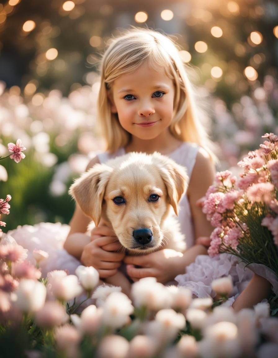 Girl and Puppy in Flower Field: Bokeh Photography