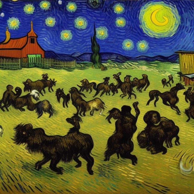 Barnyard Animals Dancing Under Moonlight in Van Gogh Style