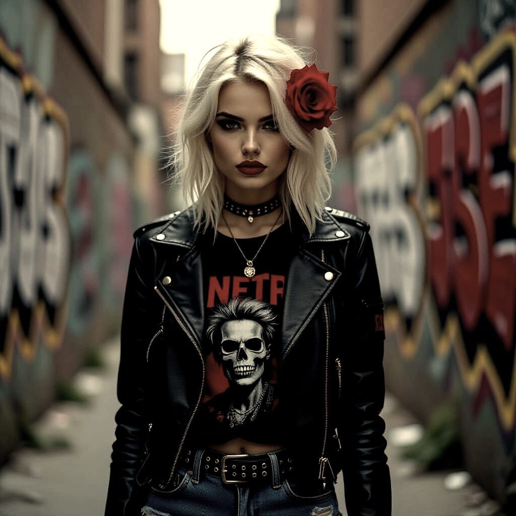 Blonde Punk Woman with Indigo, Black, and Red Flowers