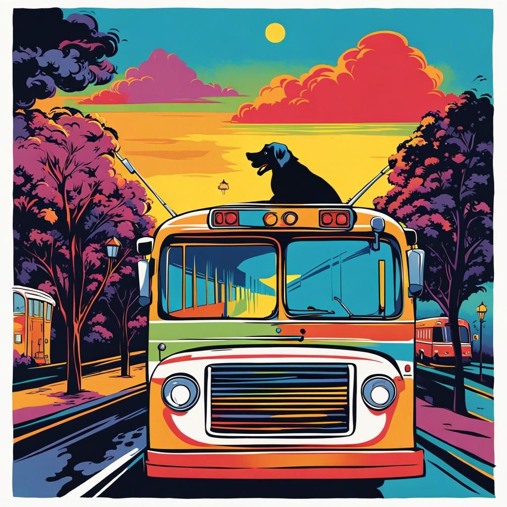 Dog Waiting at Bus Stop Comic Book Style