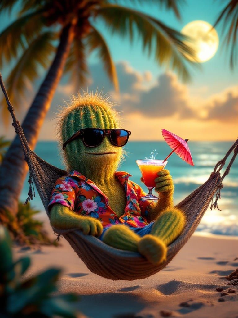 Surreal Beach Scene with Vibrant Cactus in Tropical Paradise