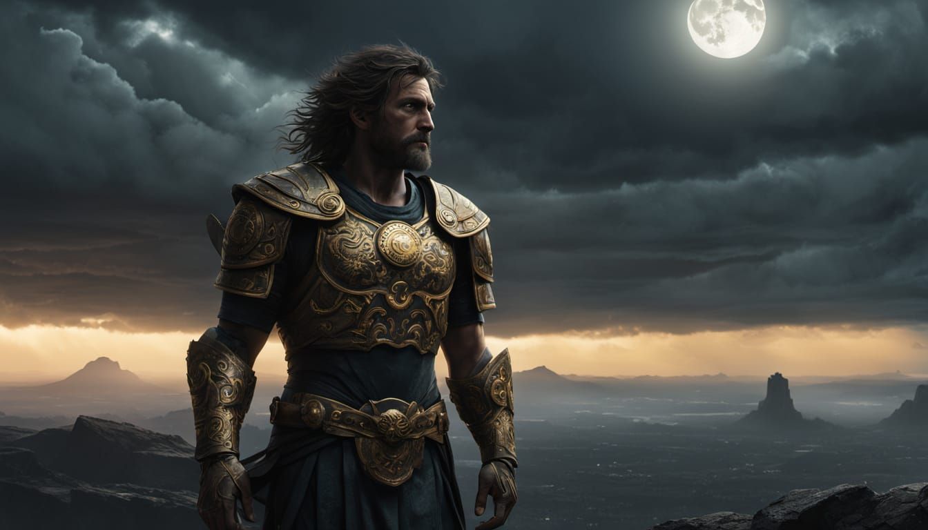 Ancient Greek Warrior Stands Firm Against Celestial Forces