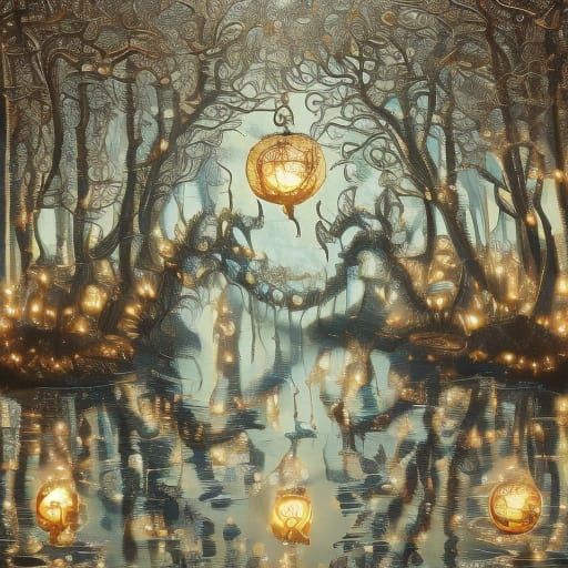 Ornate Chinese Dragon Coils Around Lantern in Dark Forest