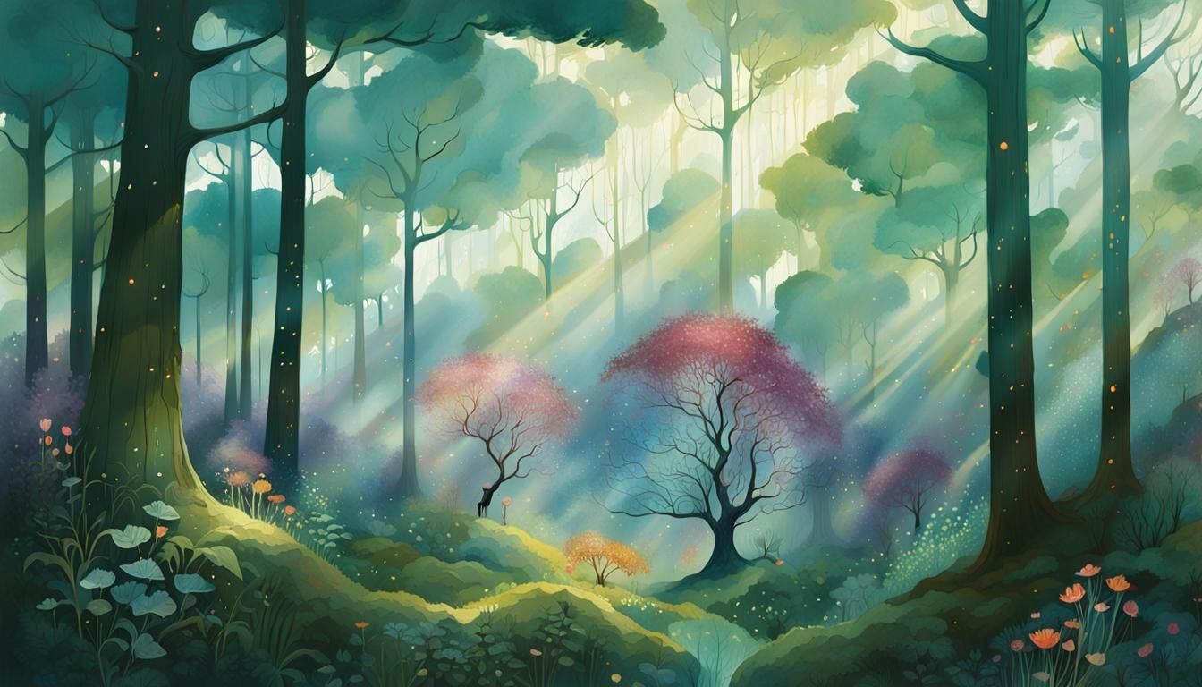 Tree Spirit in Sunny Woods: Maximalist Painting