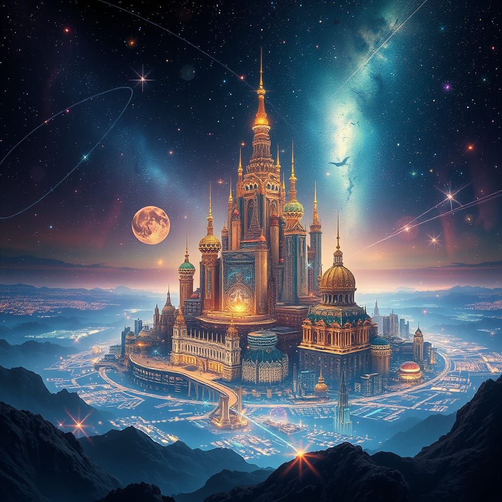 Celestial Cityscape Emerges in Cosmic Art Nouveau Style