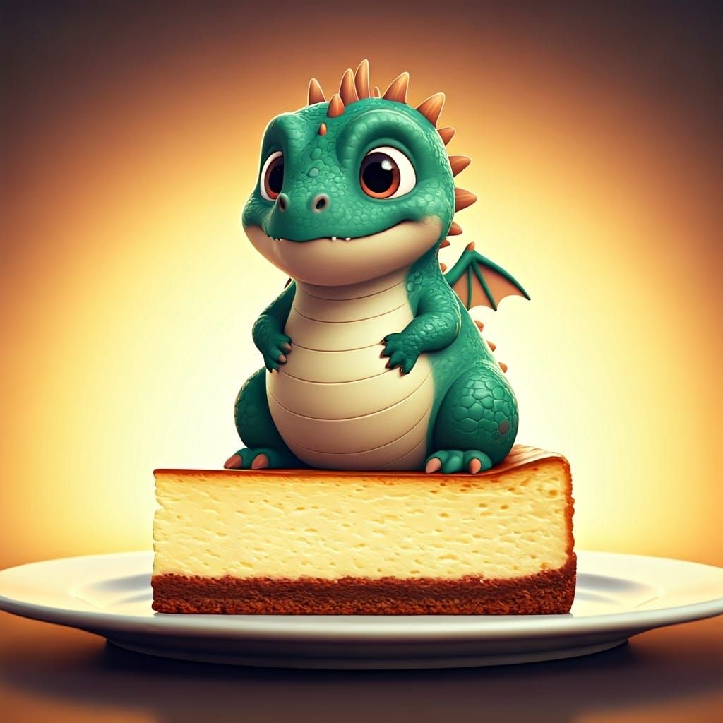 Chubby Dragon Sits on Cheesecake: 3D Digital Art