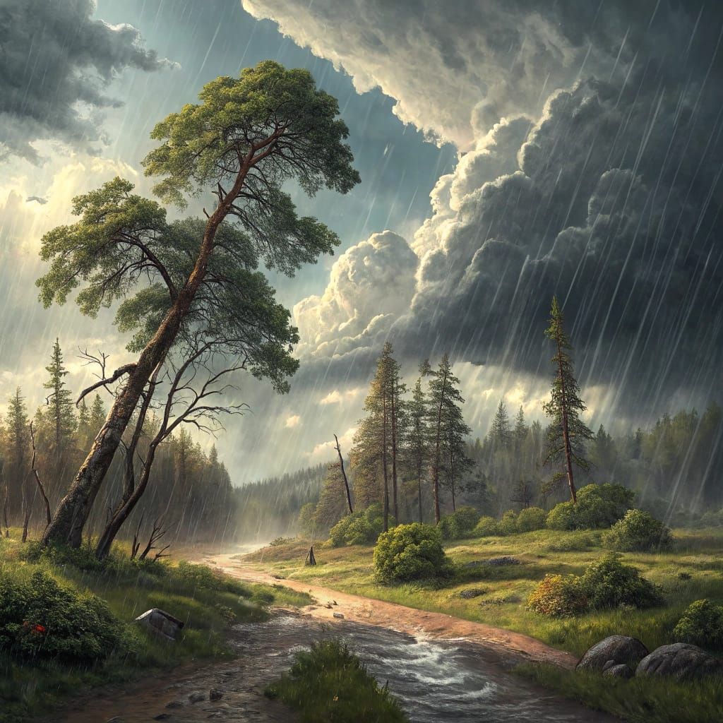 Forest Clearing Swept by Summer Rainstorm
