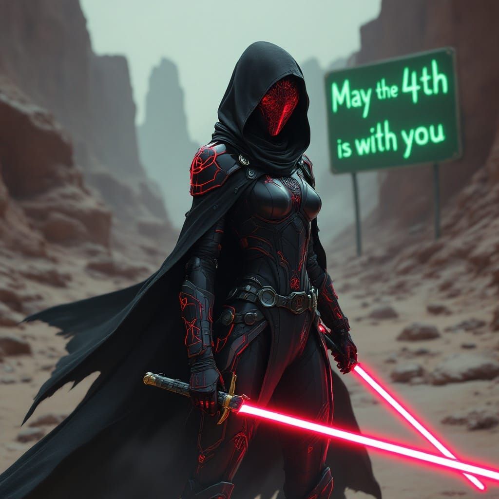 Surreal Cyberpunk Warrior in Neon-Lit Desert Landscape