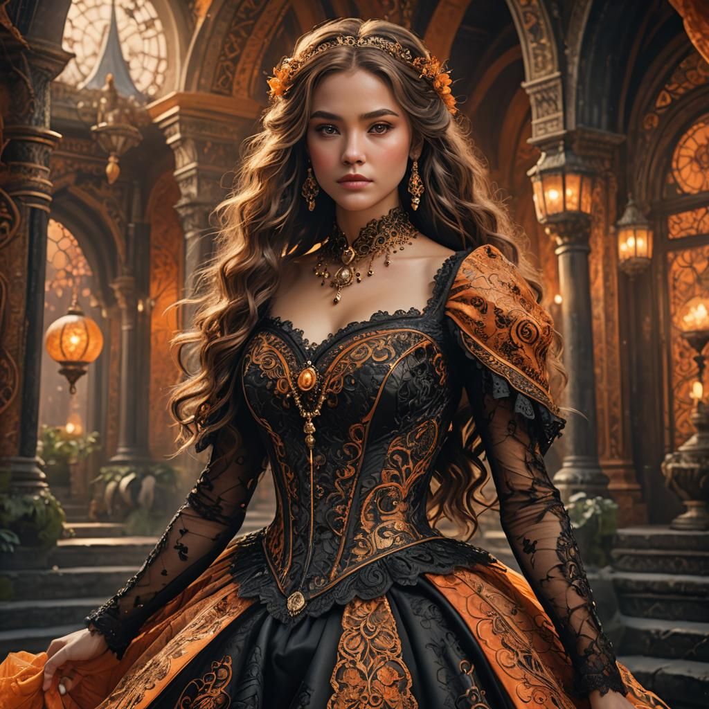 Woman in Orange Ball Gown Fantasy Art