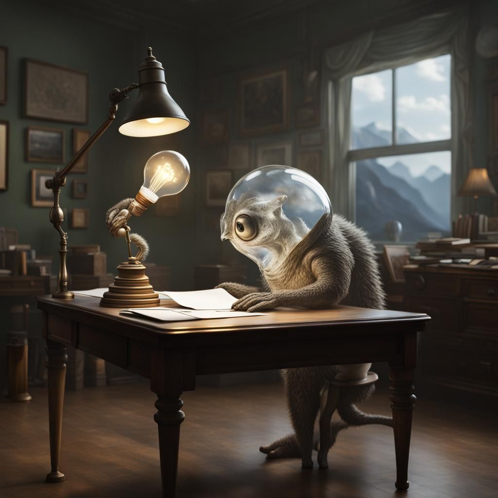 Glass Lightbulb Creature Painting a Picture