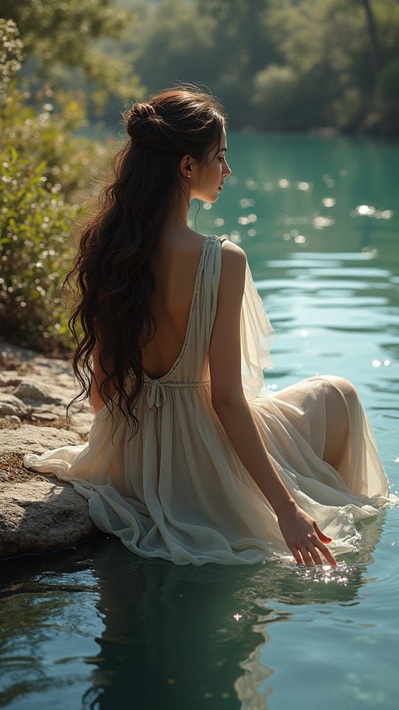 Serene Woman by Winding Stream in Dynamic Lighting