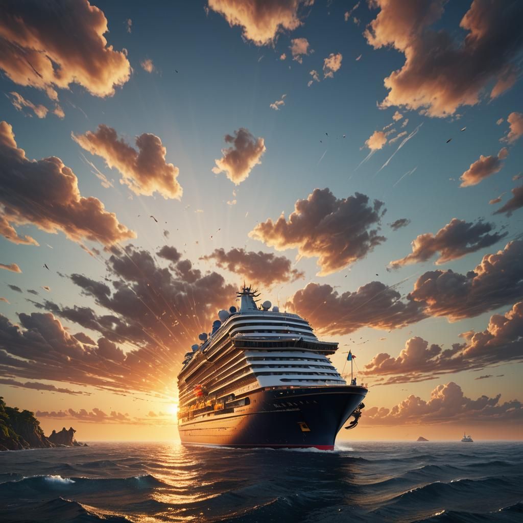 Cruise Ship at Sunrise: Detailed Matte Painting