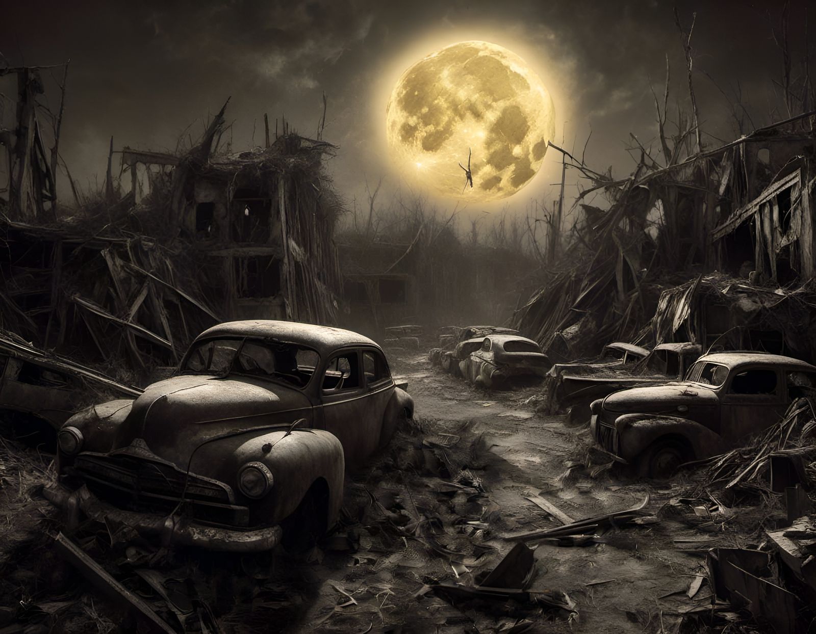 Yellow Super Moon Rising Over Junkyard