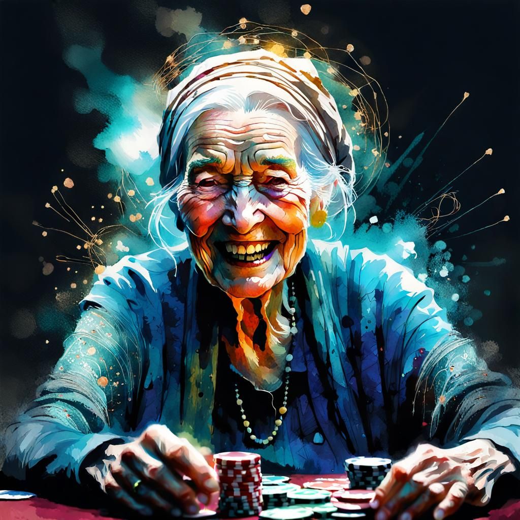 Watercolor Portrait: Laughing Old Woman Playing Poker