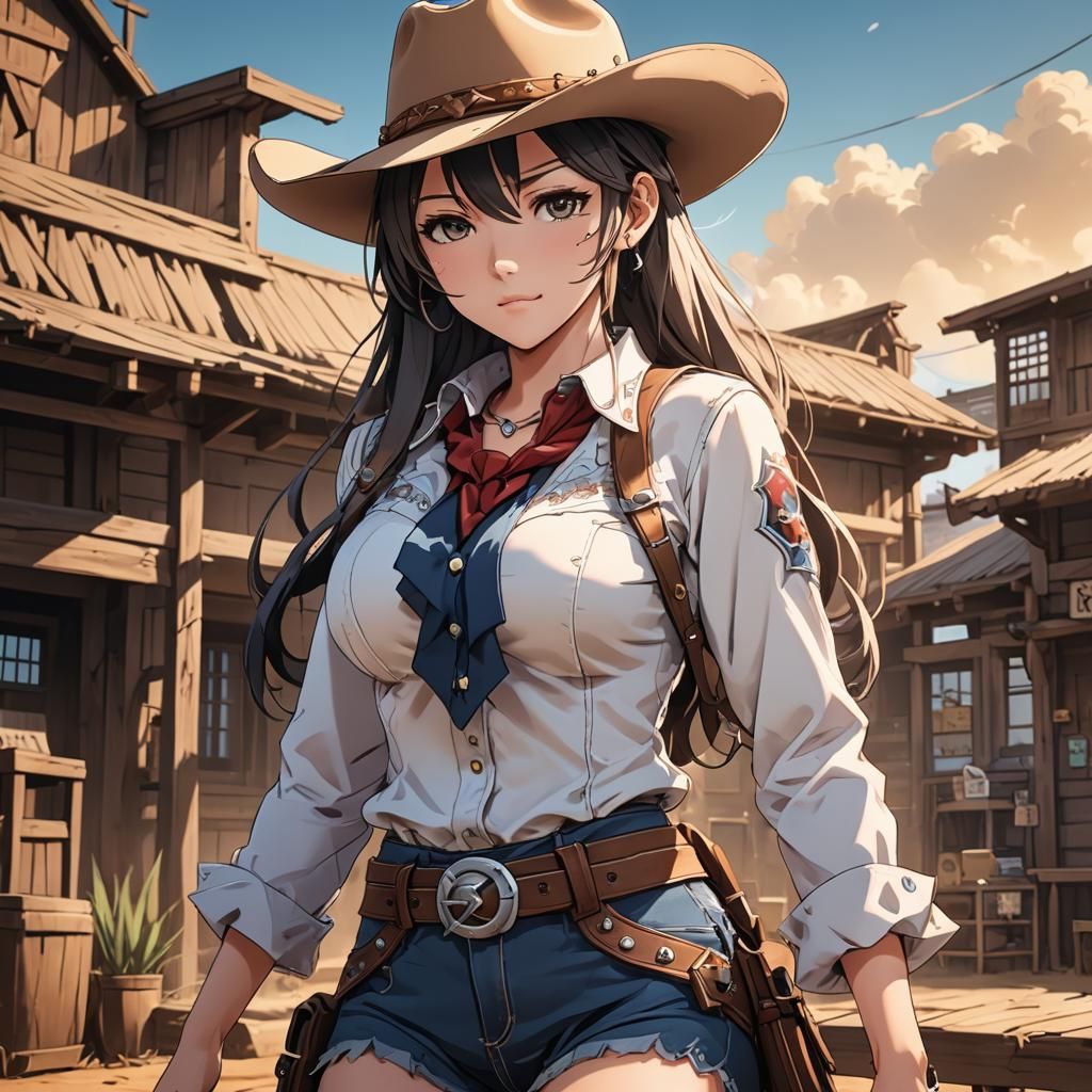 An anime style girl in a cowgirl outfit.