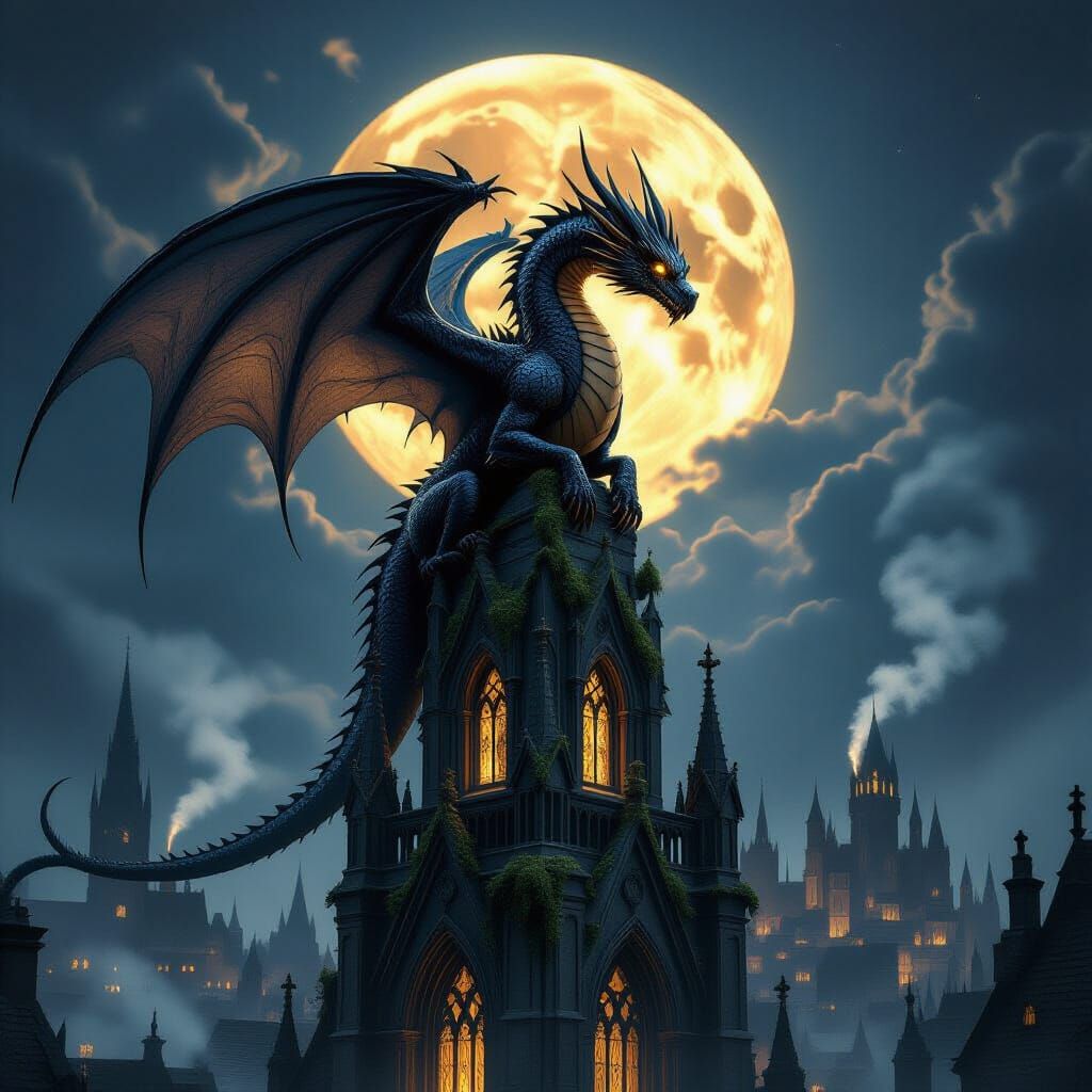 Ancient Dragon Guards Gothic City Under Moonlight