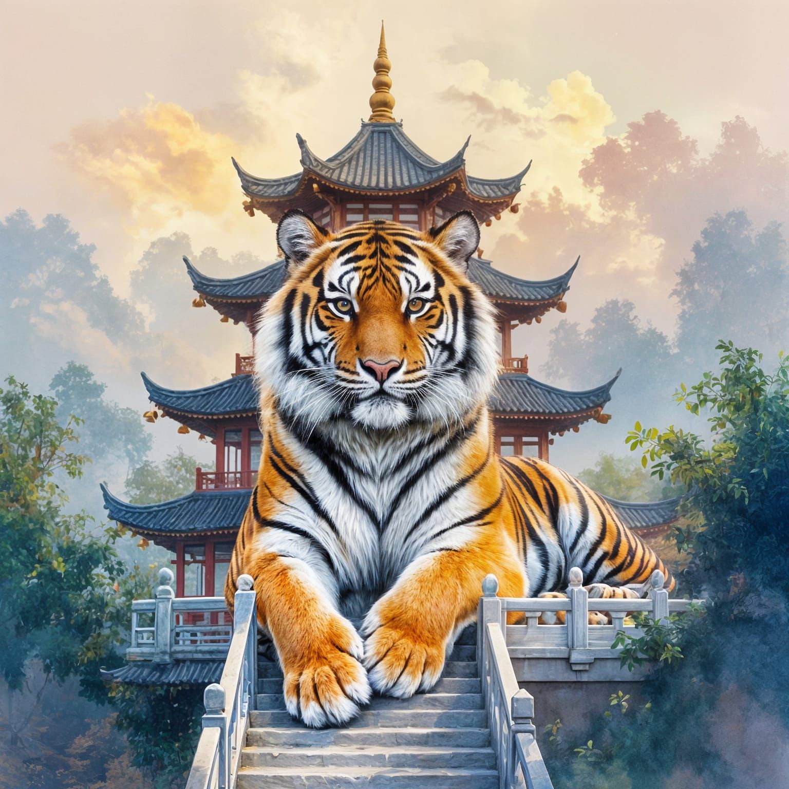 Ethereal Tiger Pagoda in Impressionistic Style