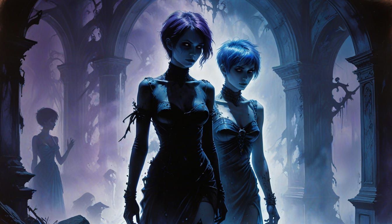 Gothic Woman Confronts Evil Ghost in Dark Manor