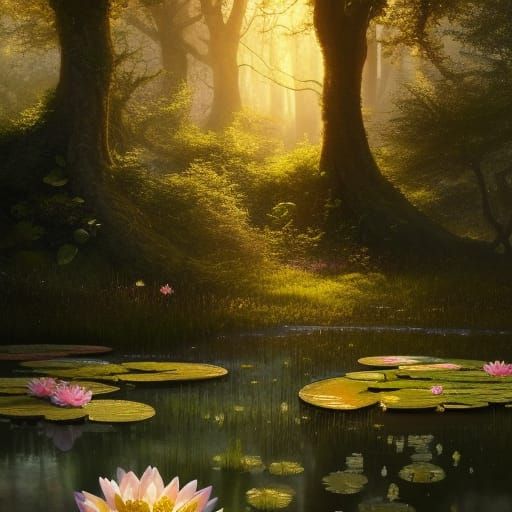 Fantasy Water Lily Garden in Golden Sunlight