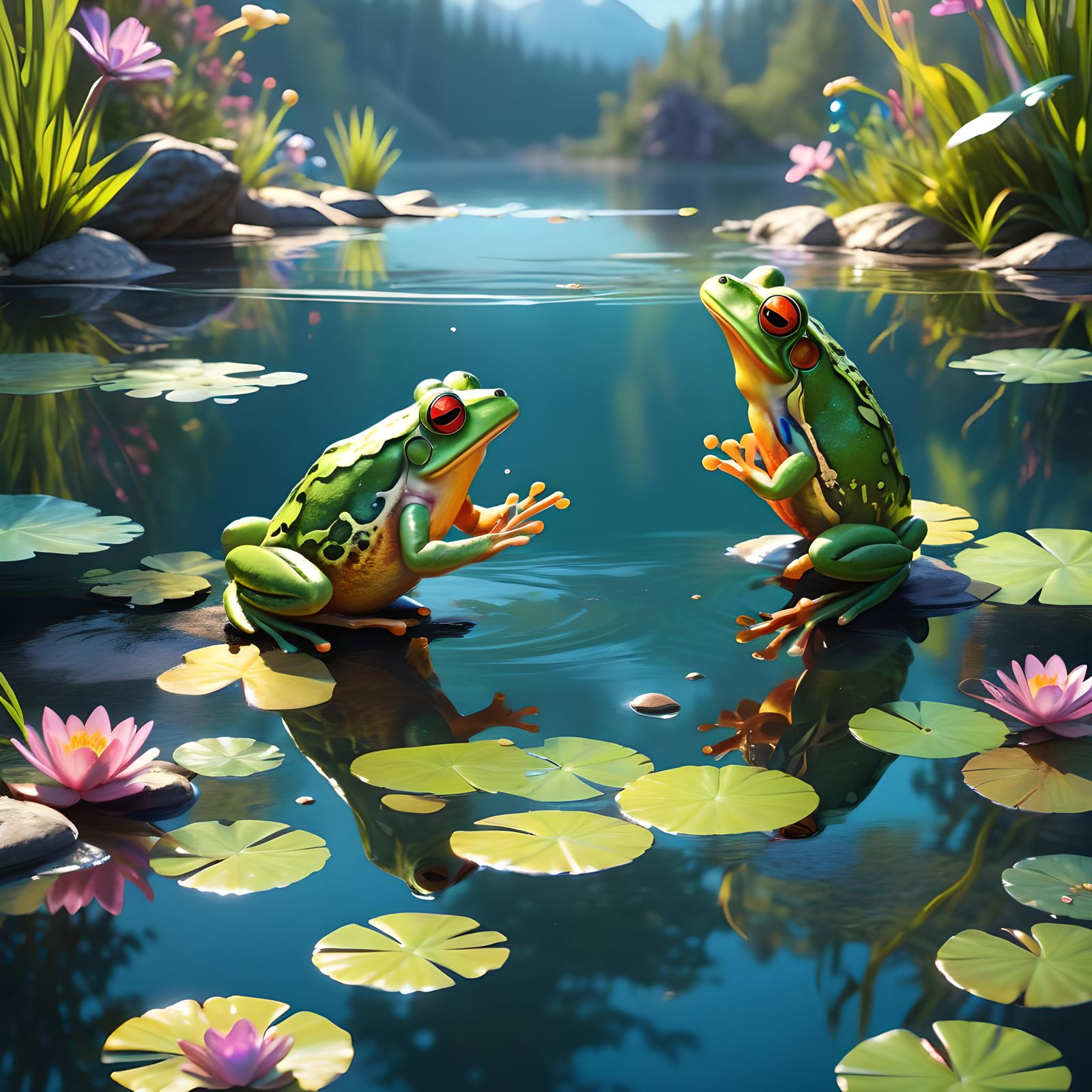 Frogs Admiring Reflections: Hyperdetailed Splash Art