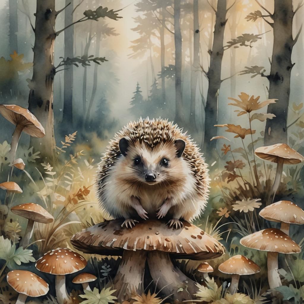 Watercolor Hedgehog on Mushroom in Misty Forest