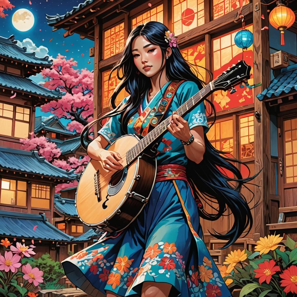 Asian Girl Plays Banjo in Comic Book Art Style
