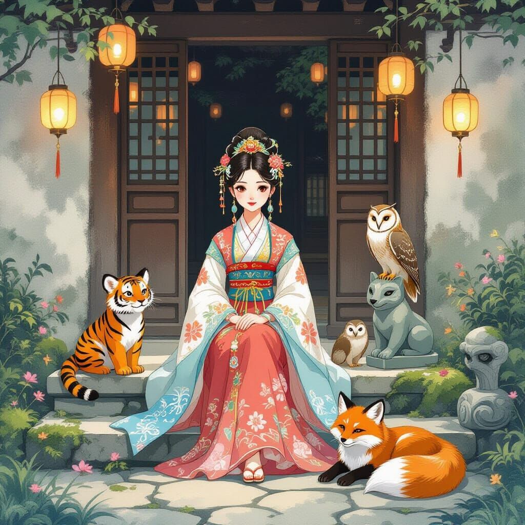 Princess with Animal Friends in Lantern Light