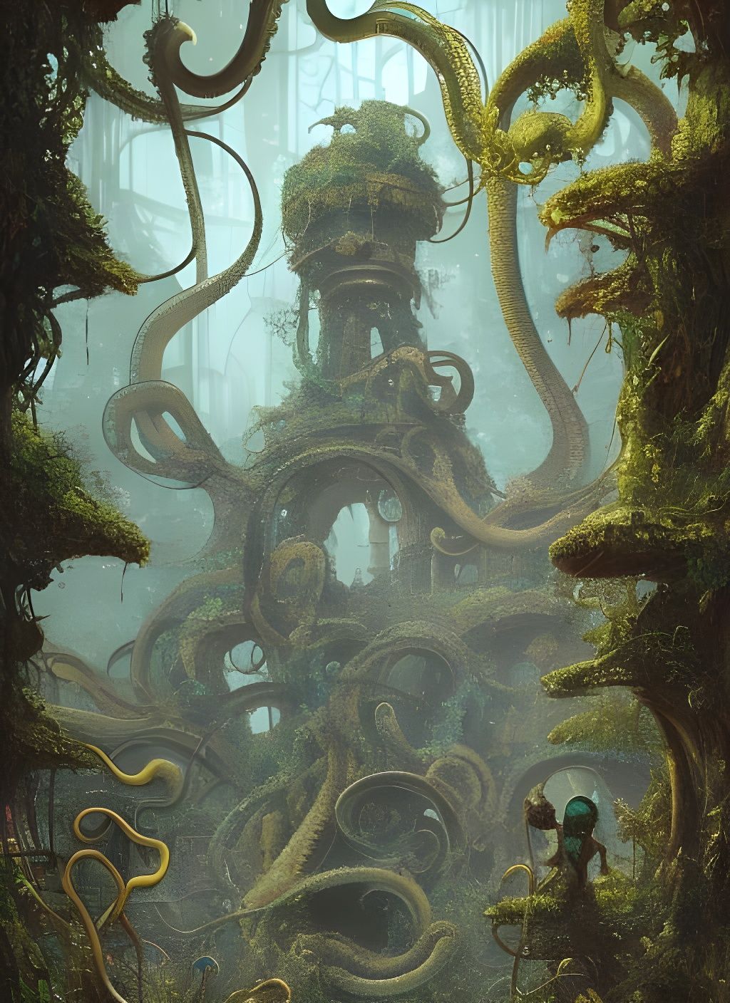 Tentacled Statues in Overgrown City Ruins