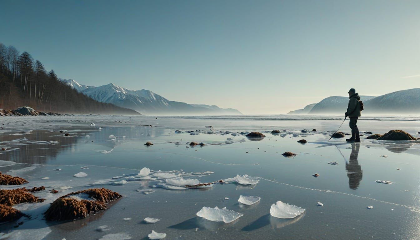 Frozen Beach Fisherman in Pale Winter Light
