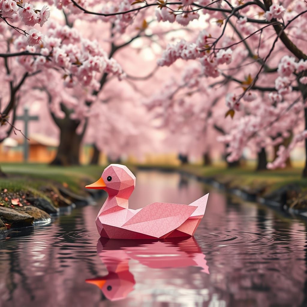 Surreal Origami Duck in Cherry Blossom Paradise