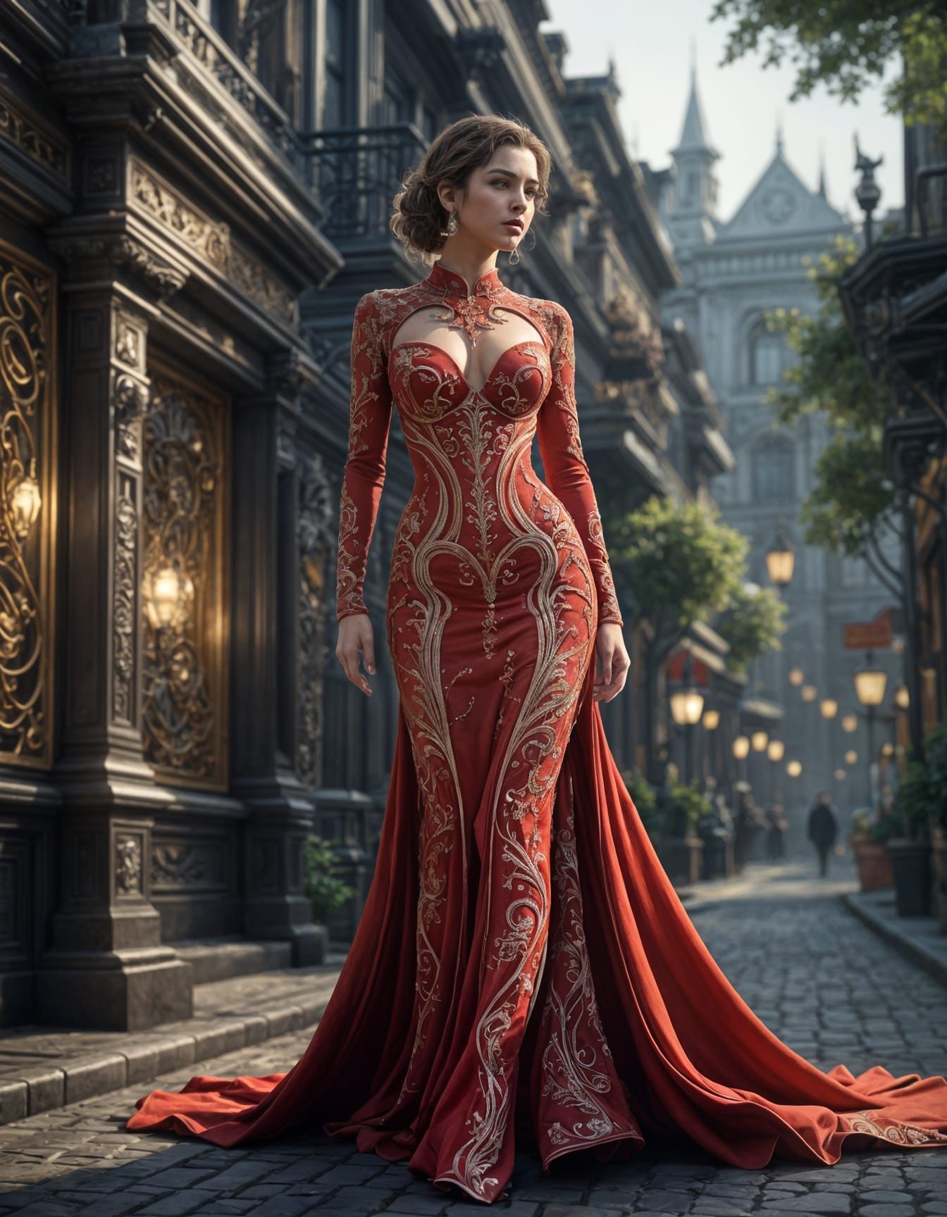Ethereal Woman in Stunning Red Gown with Intricate Details