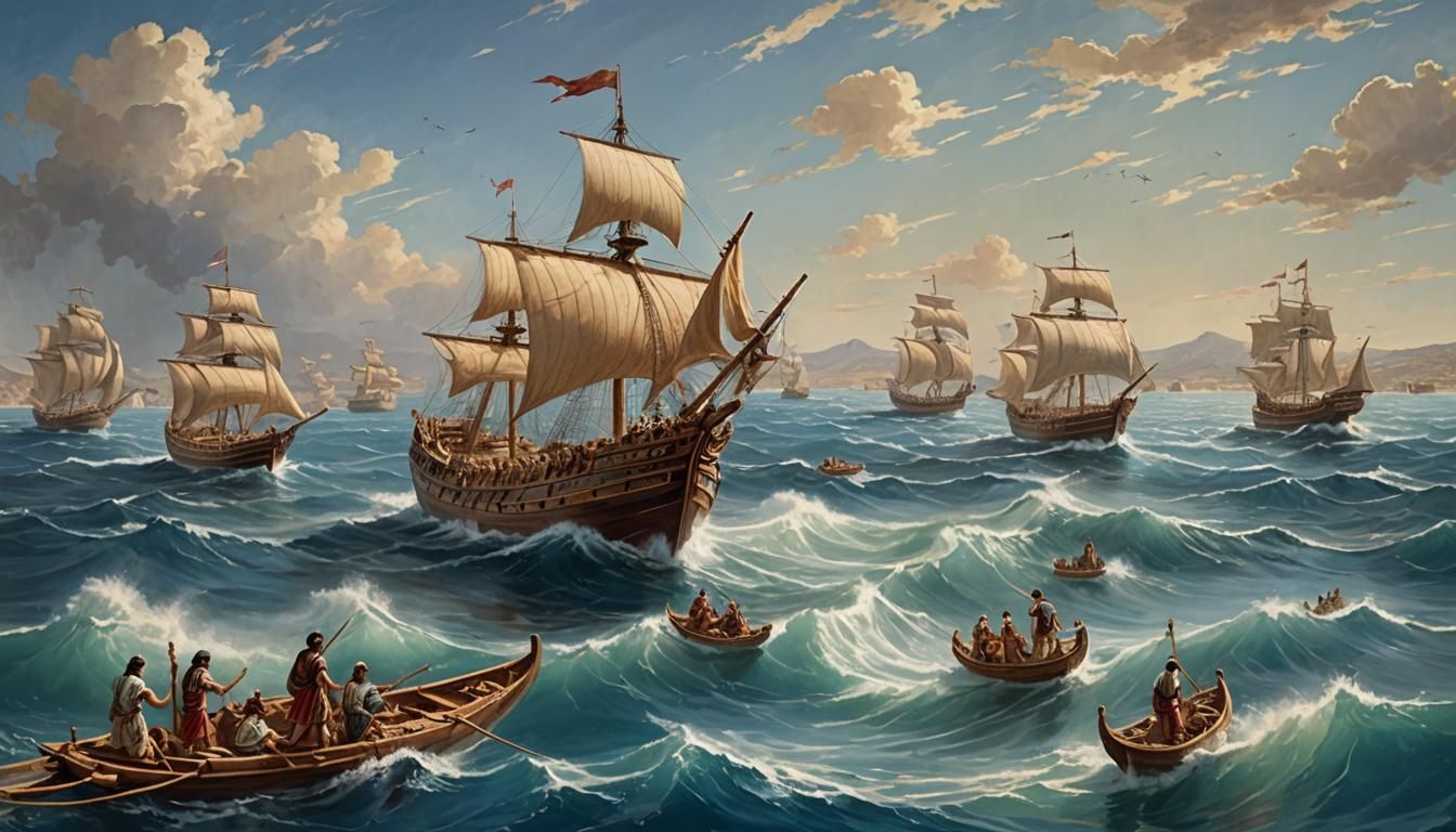 a scene of ancient Phoenician ships sailing across the Medit...