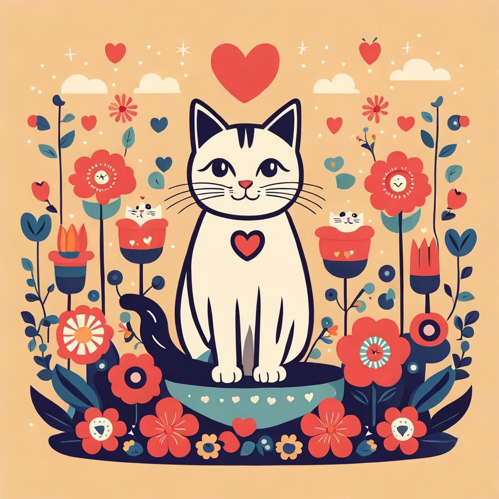 Cute Cat with Flowers Illustration in Retro Style