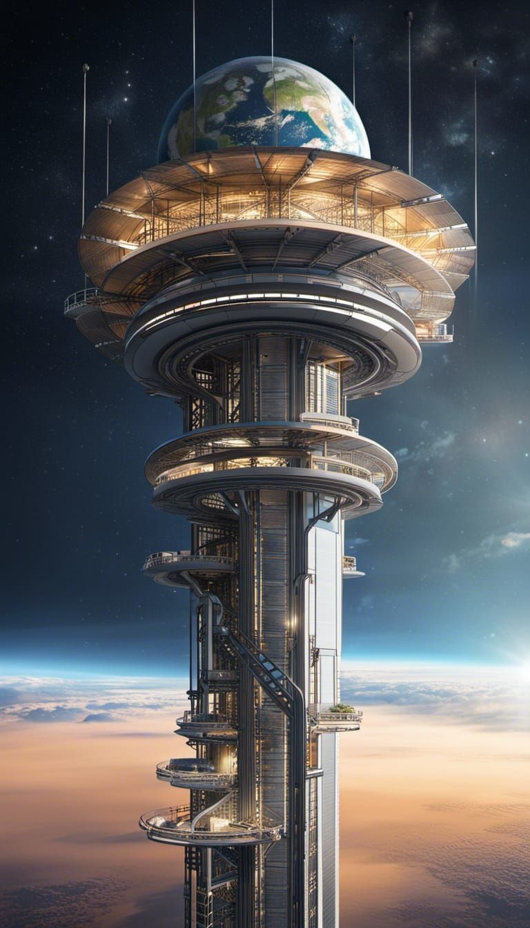 Futuristic Space Elevator to Orbiting Megastructure