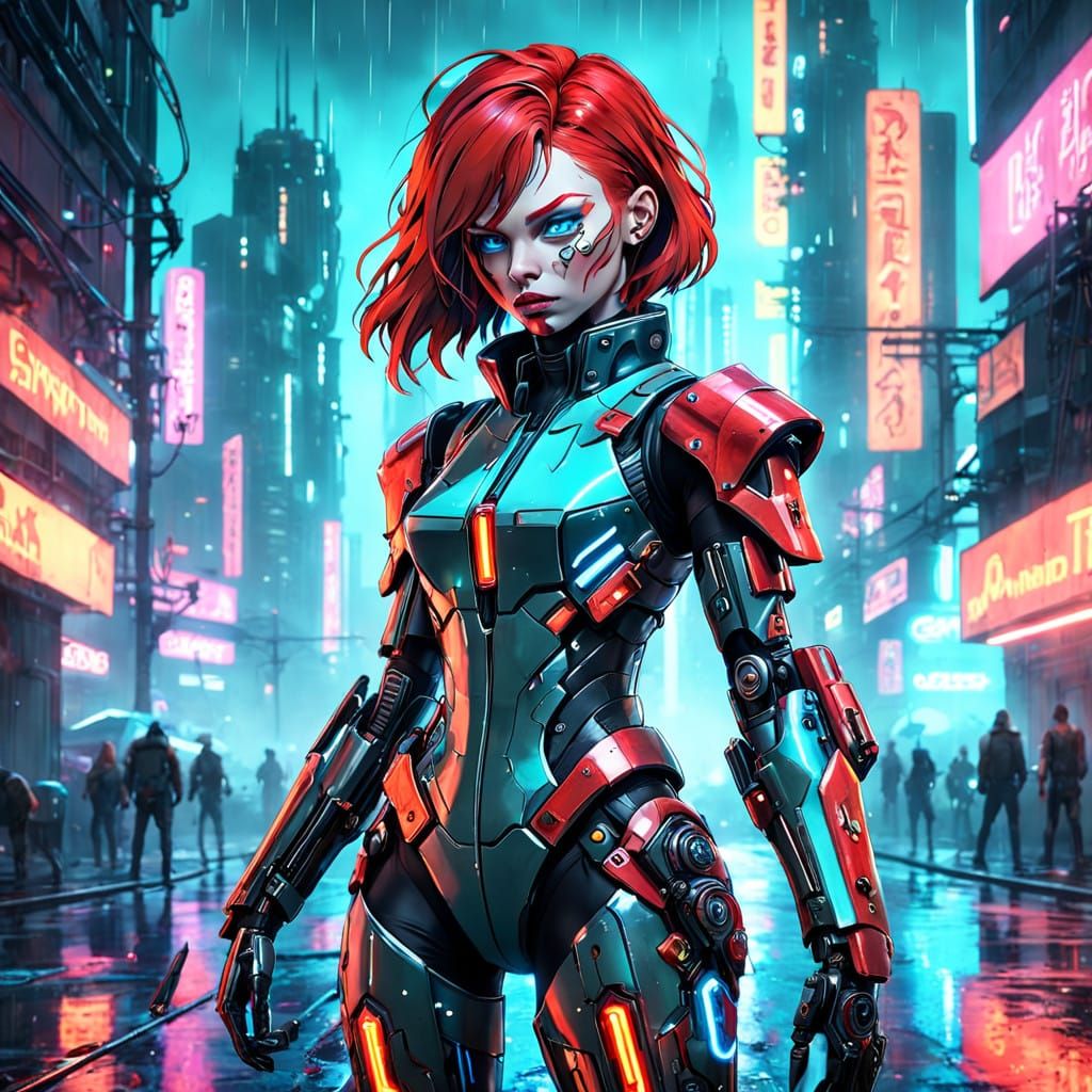 Cyberpunk Gynoid in Skintight Exosuit, Blending Synthwave Ne...