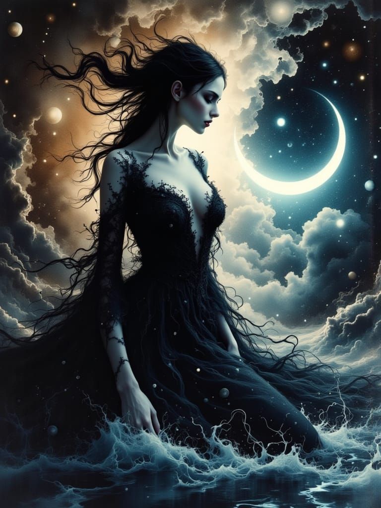 Surreal Goddess Commands the Cosmic Tide in Ethereal Light