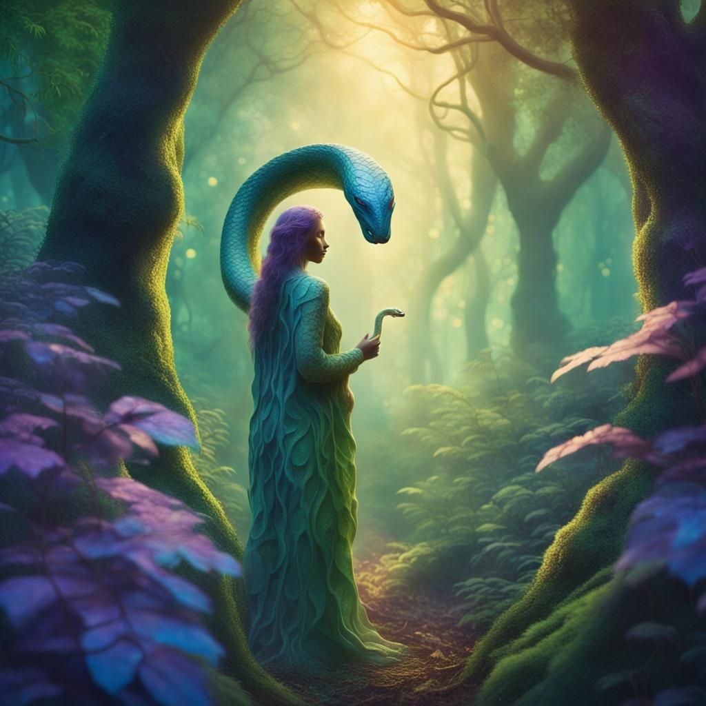 Snake Goddess in Lush Fantasy Forest