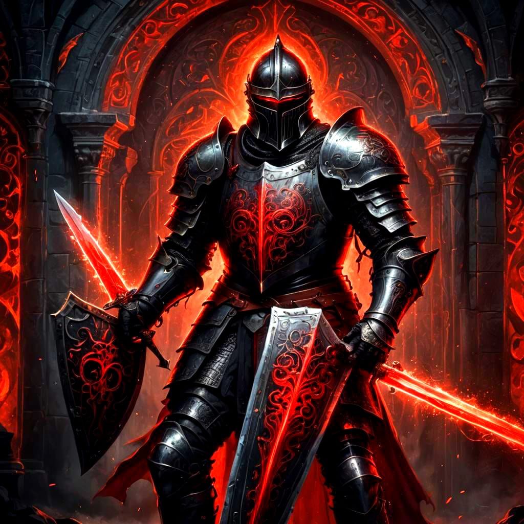 Medieval Knight in Black Armor with Red Light