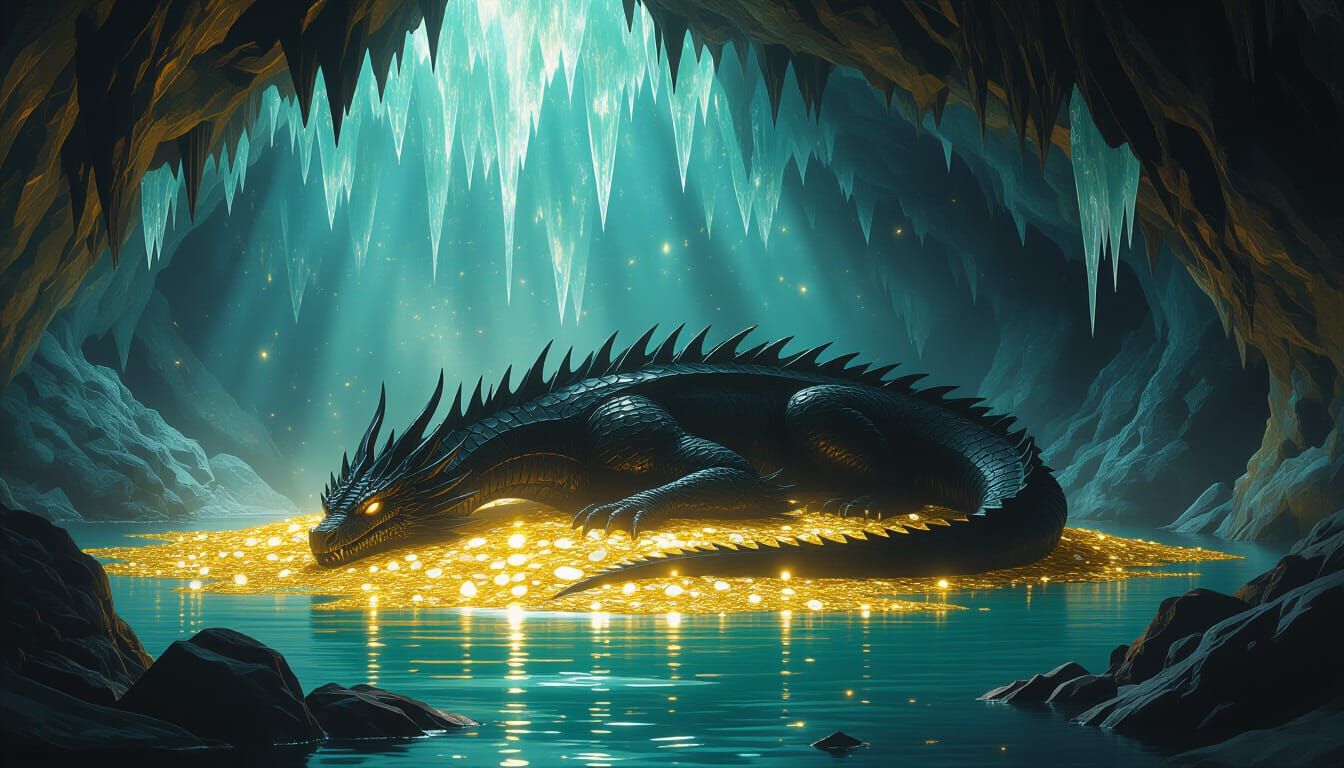 Black Dragon Slumbering on Gold: Cinematic Digital Painting