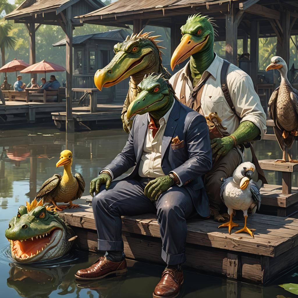 Alligator, Pelican, and Demon Baby in Bayou