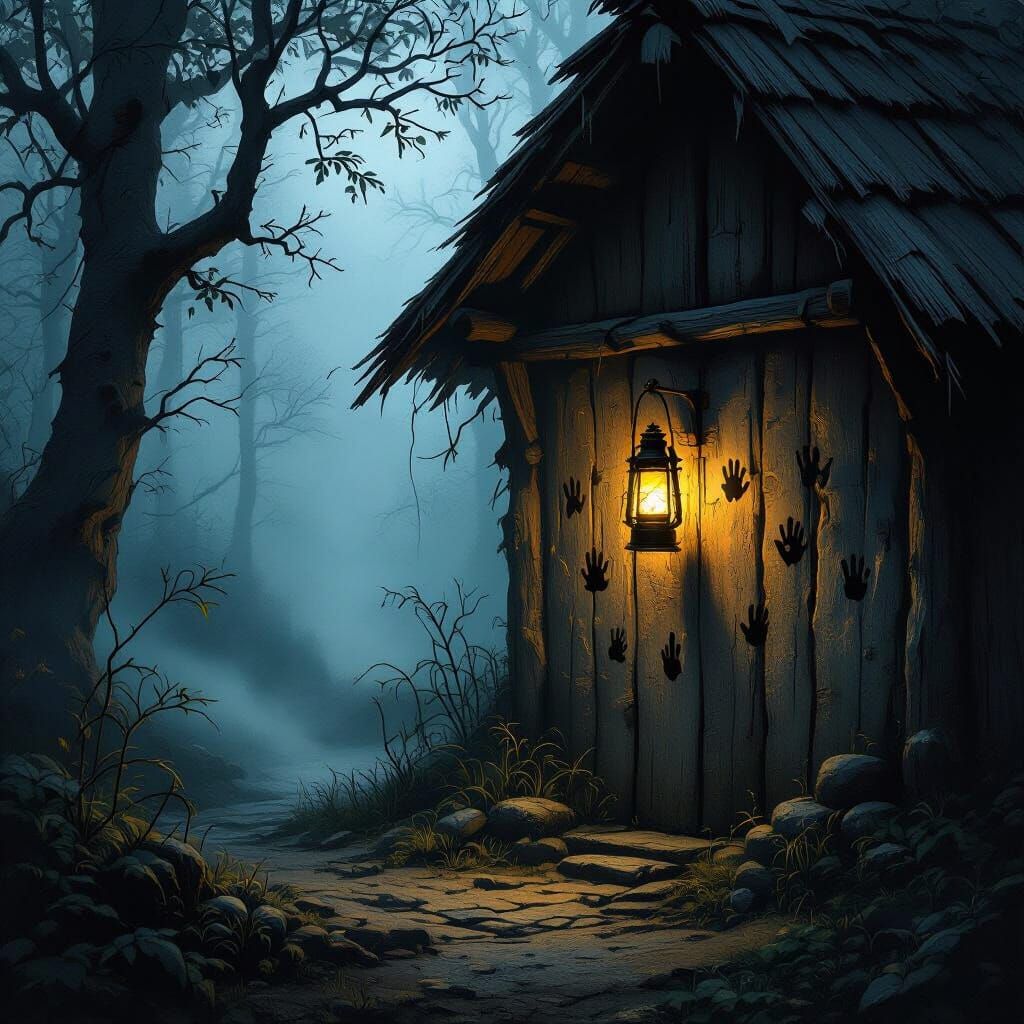 Lantern Glow Reveals Handprints in Dense Forest Hut