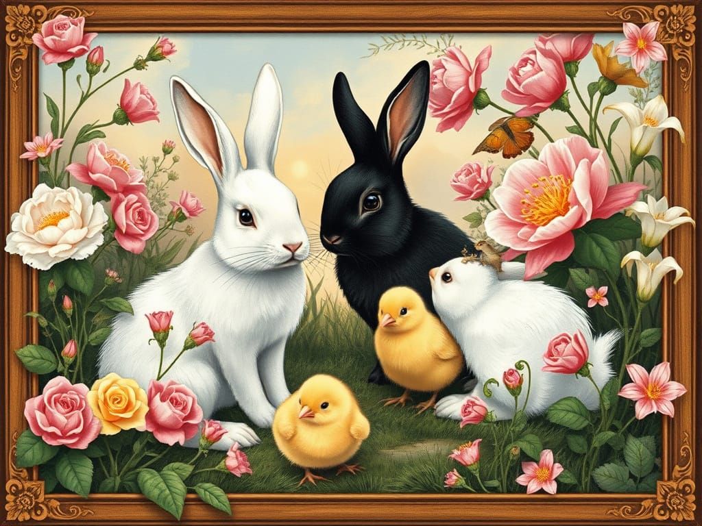 Magical Landscape with Bunnies in Art Nouveau Style