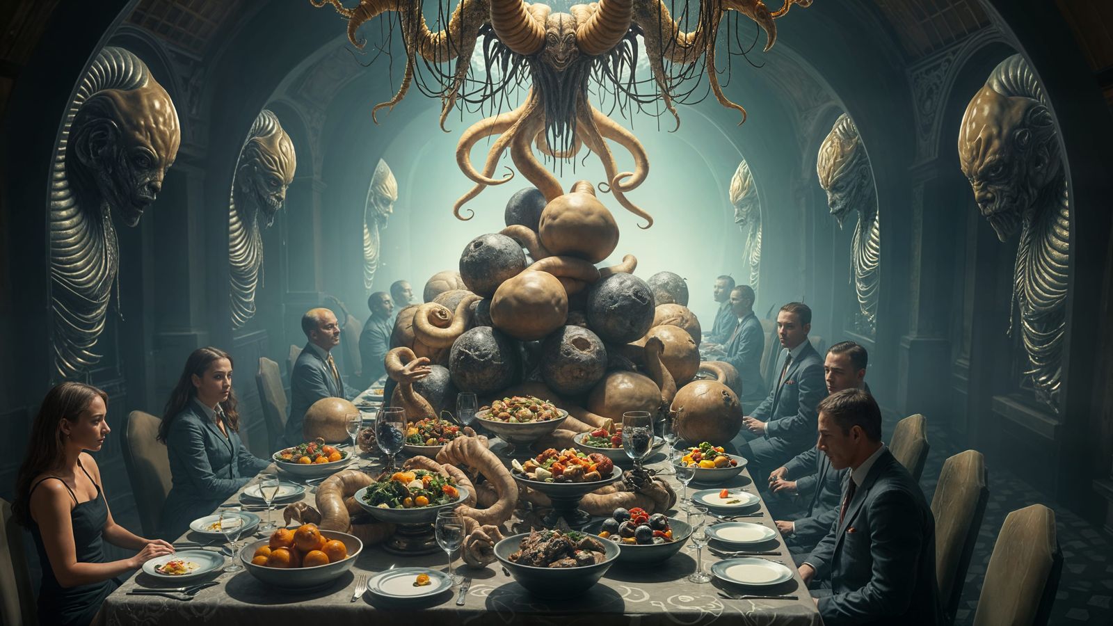 Surreal Feast: Organic Creatures and Frozen Guests