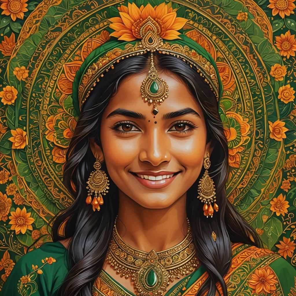 Vibrant Indian Folk Art Portrait of Smiling Woman