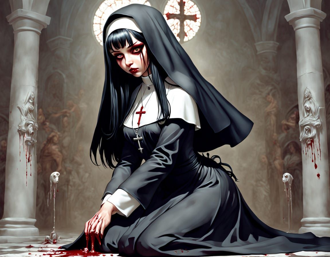 Gorgeous Nun in Sacripunk Style with Voluptuous Features and...