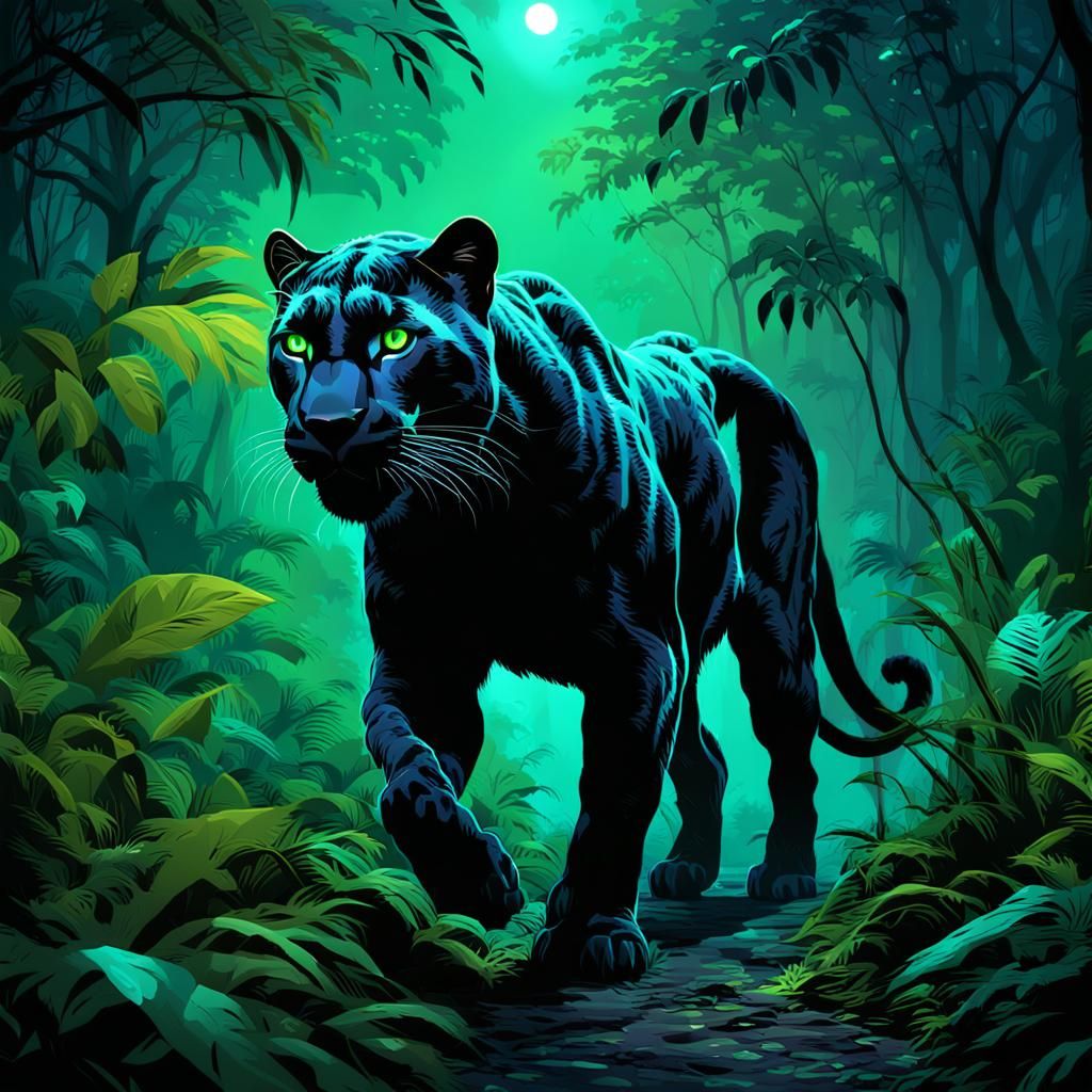 Panther in Misty Jungle: Neon Digital Art