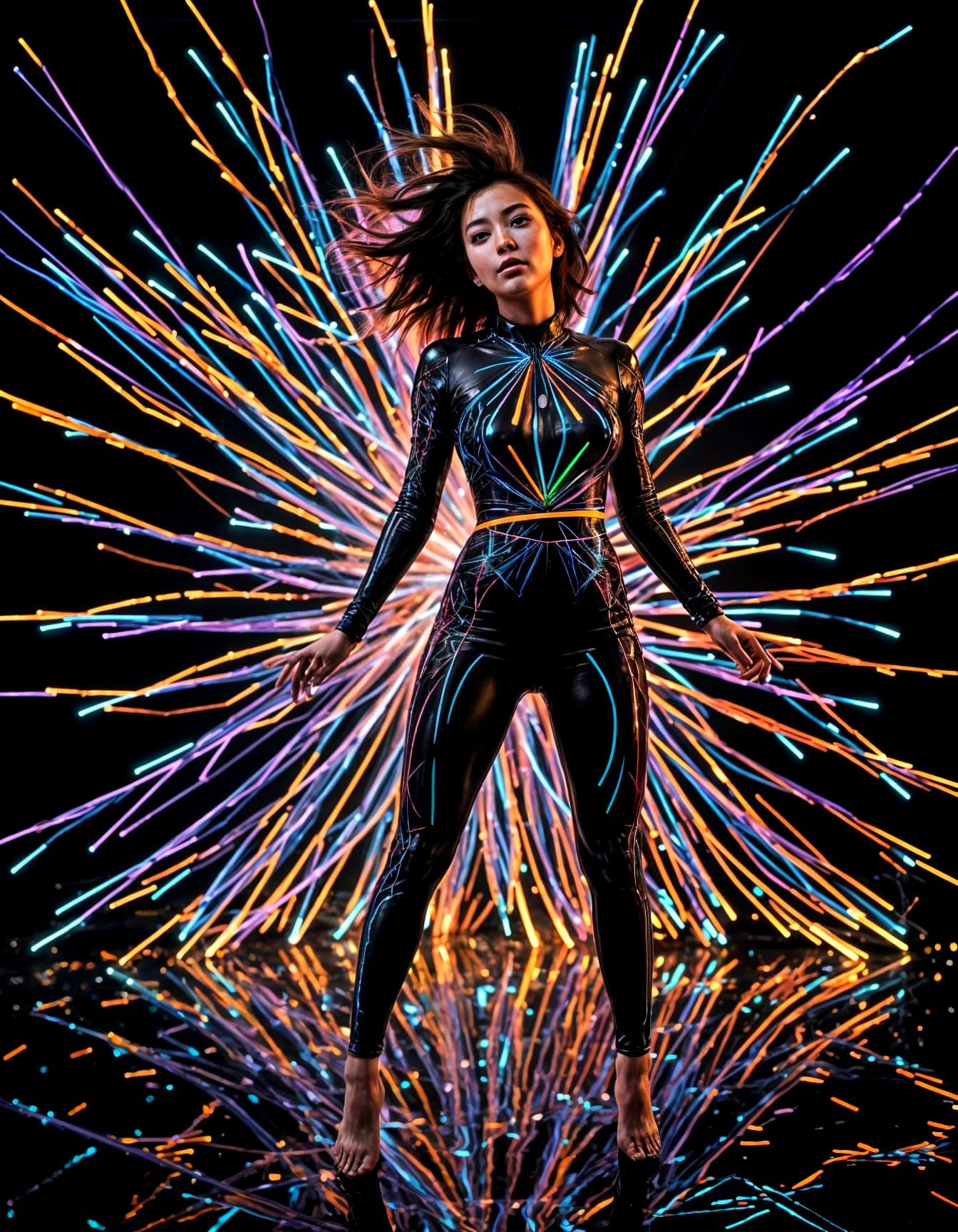 Neon Portrait of Japanese Woman with Fluorescent Lights