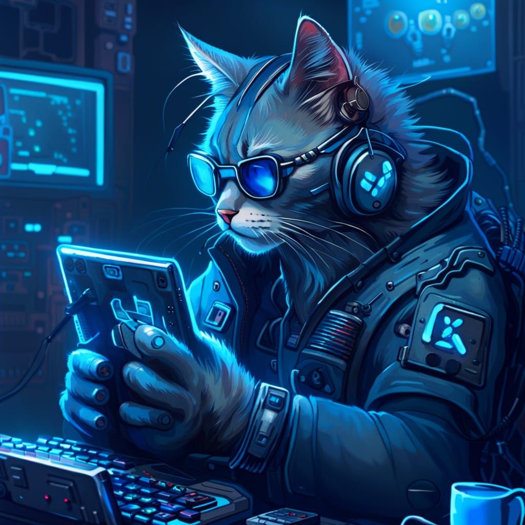 Cyberpunk Blue Gamer Cat in Neon Cityscape