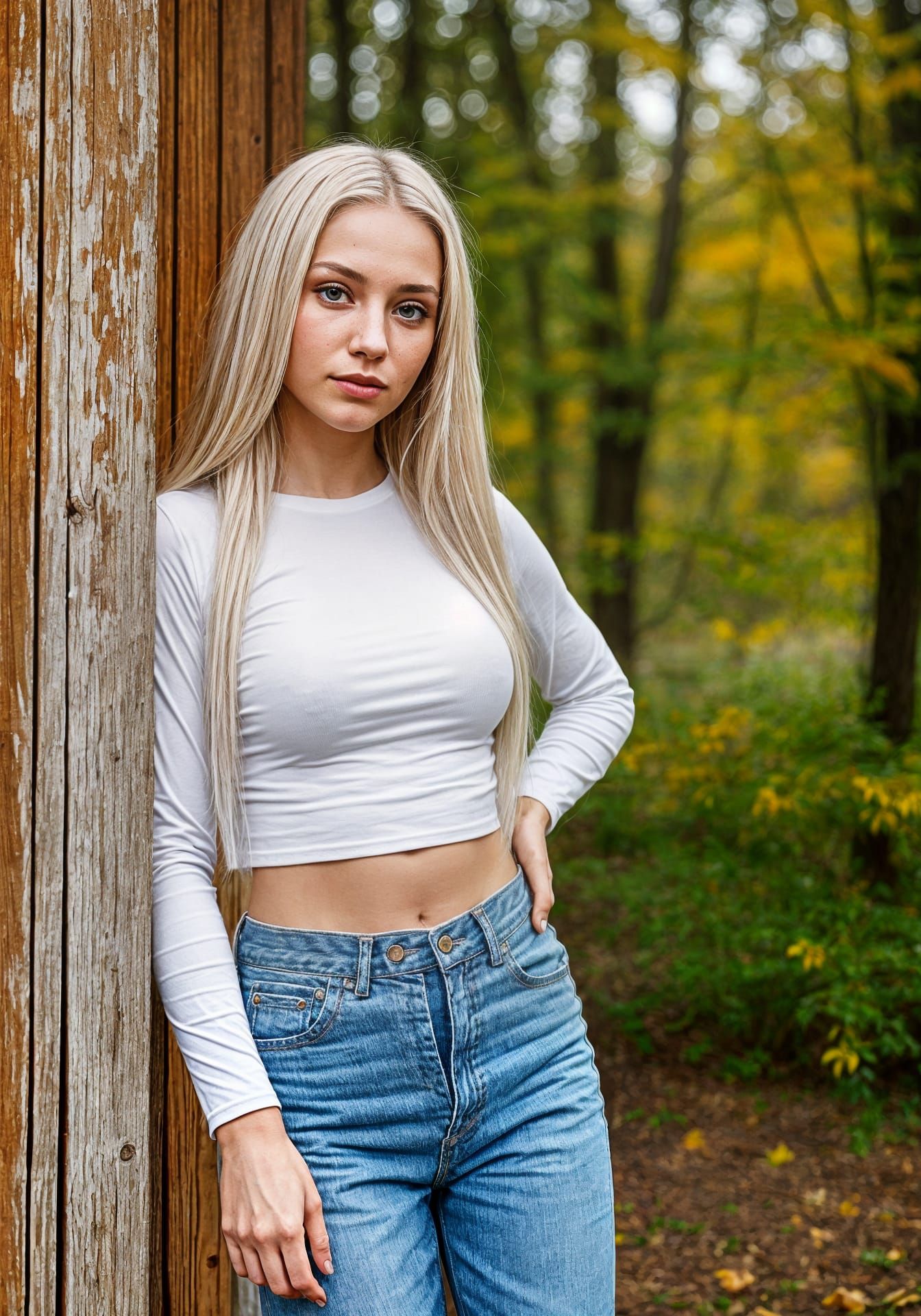 Young Woman in Rustic Setting, Platinum Blonde Hair, Bright ...